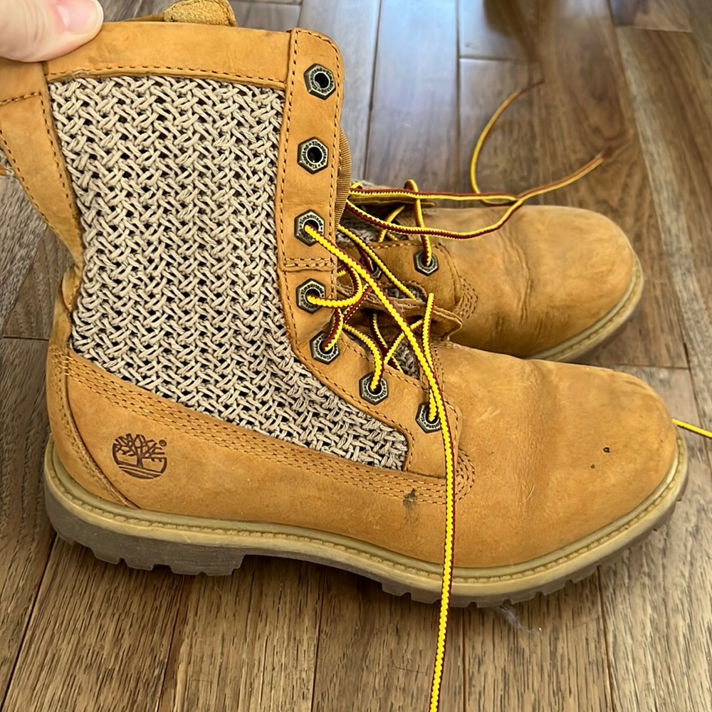 Timberland Crochet Hi Open Weave Woven Knit Tan Leather Boot’s - Picture 1 of 4